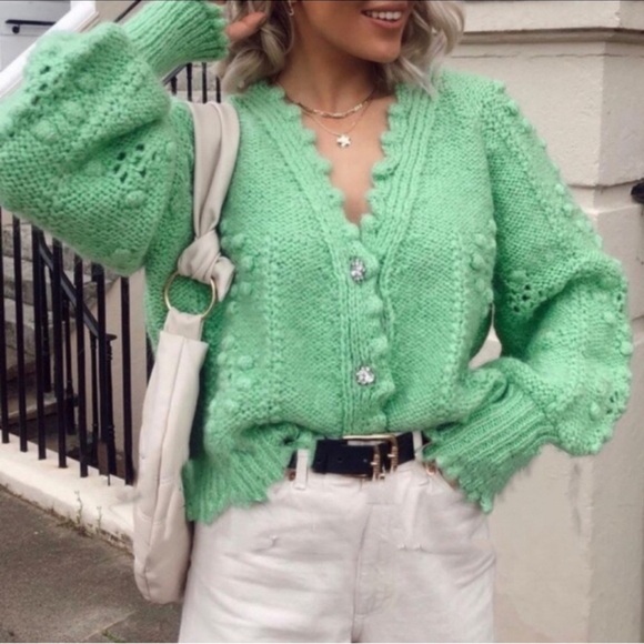 Zara Wool Alpaca Green Cardigan w jewel Buttons s S /M - Picture 3 of 7
